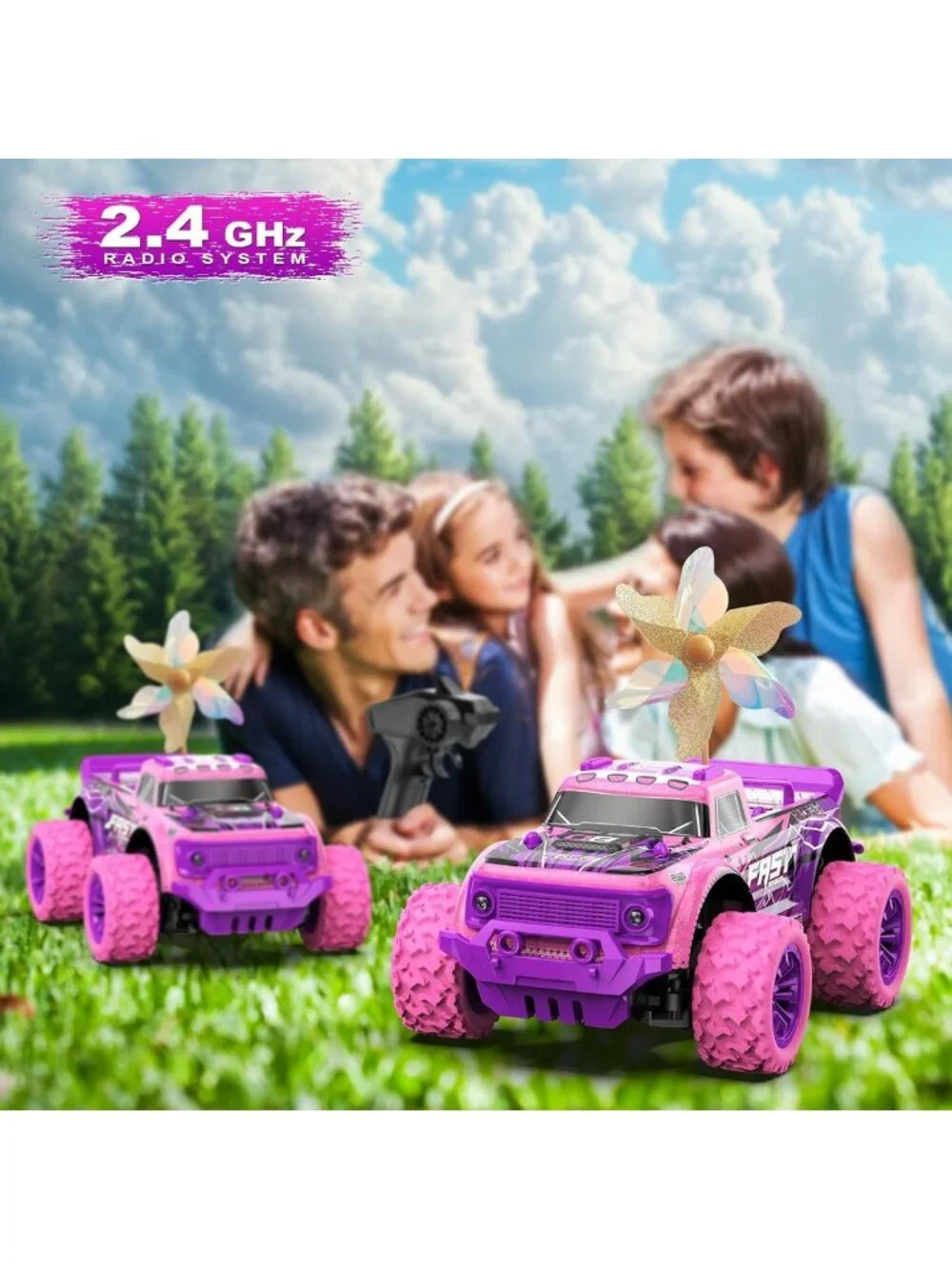Pink Purple Remote Control Car for Girls - 1:20 Scale LED Truck, Fast All